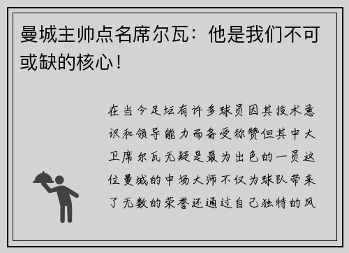 曼城主帅点名席尔瓦：他是我们不可或缺的核心！
