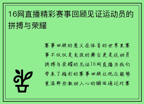 16网直播精彩赛事回顾见证运动员的拼搏与荣耀