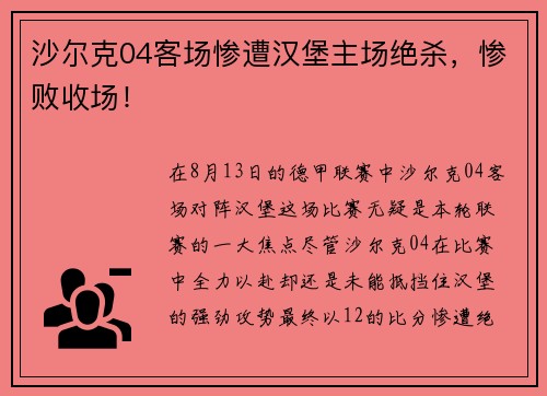 沙尔克04客场惨遭汉堡主场绝杀，惨败收场！